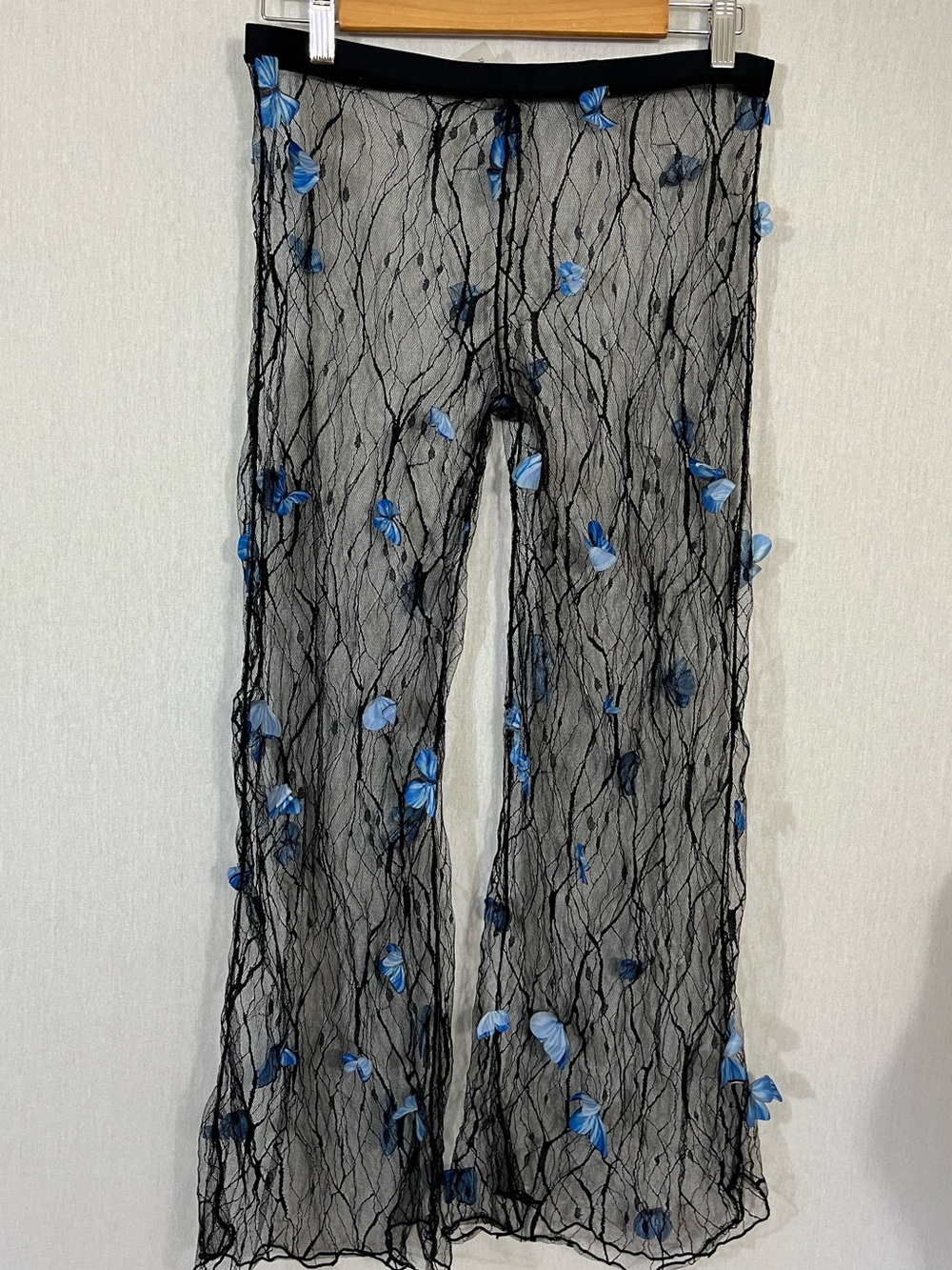Sheer Black lace Butterfly Appliqué Wide-Leg pull-on pants